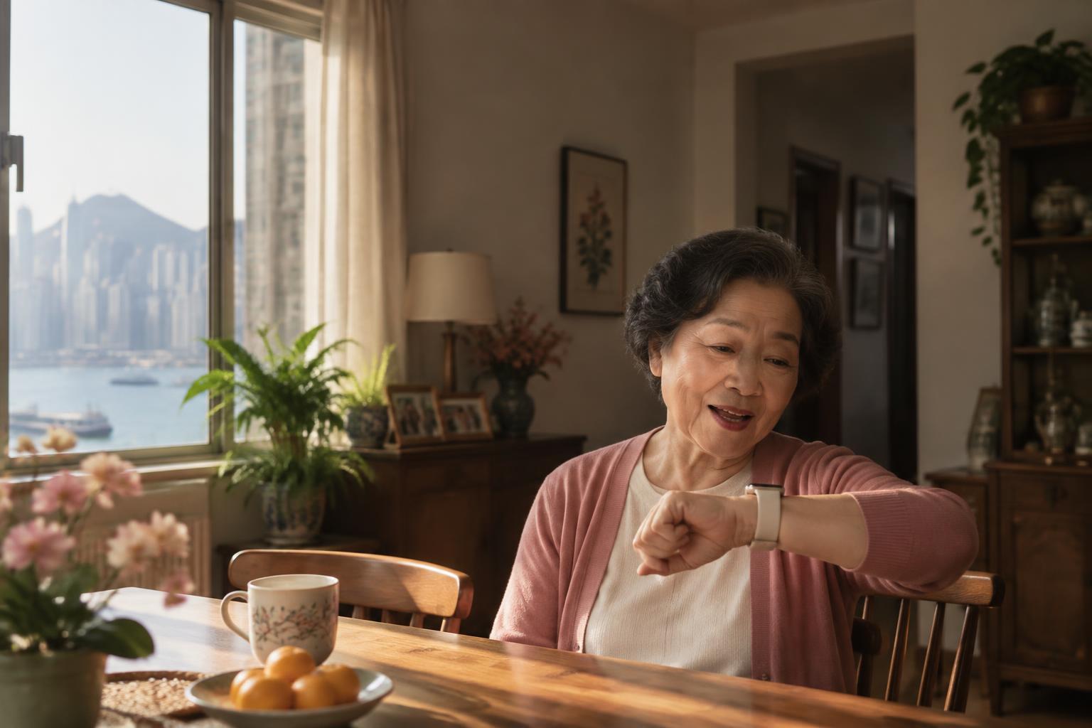 An older woman talking to her Apple Watch in a warm home